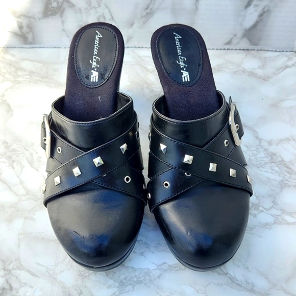 VTG American Eagle Studded Chunky Heeled Slip-on Moto Platform Mules Clogs (7.5) - Picture 3 of 12